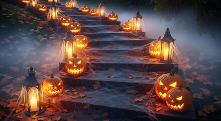 Obraz premium Glowing pumpkins lanterns line misty wooden stairs amid fall leaves spiderwebs