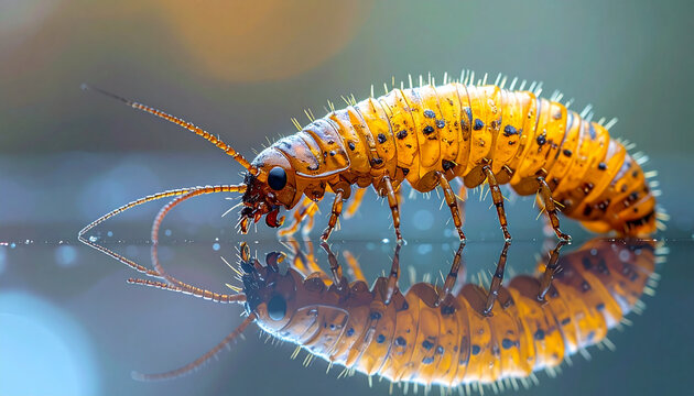 Screwworm epidemiology concept macro insect orange segmented body spiky reflection nature Screwworm epidemiology concept shown by macro image