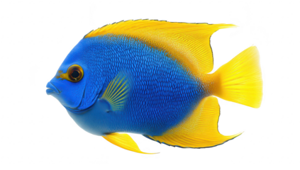 A blue and yellow fish swimming gracefully against a white background. its detailed scales and fins. perfect for educational or decorative purposes