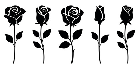 Set of black silhouettes of roses on a white background. Vector illustration of rose flowers