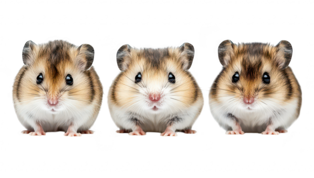 Three adorable hamsters with fluffy fur and bright eyes. sitting closely together on a clean white background. their playful nature and charm. ideal for pet-related content