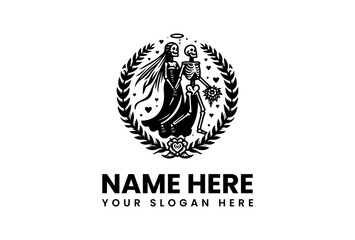 Skeletal Couple Embracing with Floral Bouquet and Halo Framed by Laurel Wreath.