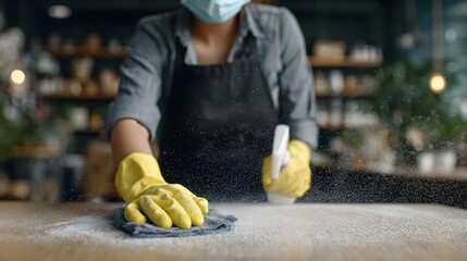 Person in mask and gloves disinfects a wooden table with spray and cloth emphasizing hygiene in a business