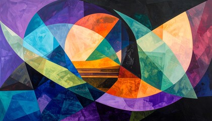 Abstract painting featuring overlapping geometric shapes in vibrant and dark colors