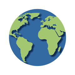 A clean, two-dimensional illustration of the planet Earth. The globe features a distinct shadow effect that separates the continents from the ocean, giving it a stylized, graphic look.