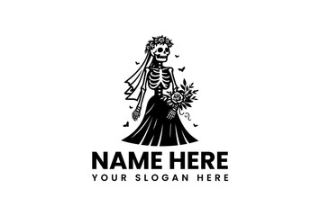 Skeleton Bride with Rose Crown and Bouquet Gothic Wedding Illustration.
