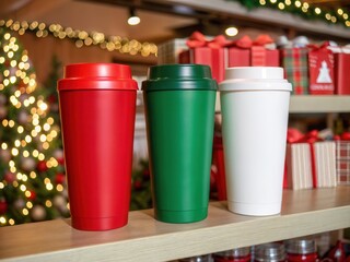 Fototapeta premium Christmas tumbler mockup. Three festive coffee cups in red, green, and white are displayed on a shelf with decorative holiday gifts and blurred lights in the background.