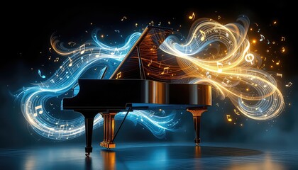 Elegant Grand Piano with Music Notes Flowing Like Light Streams in an Abstract Composition