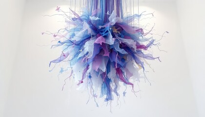 Hanging abstract sculptural form with layers of translucent, flowing shapes and pastel colors suspended from the ceiling