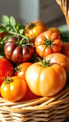Assortment of different color and size tomatoes with fresh greens inside of a woven basket in a bright, sunny setting
