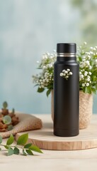 Reusable water bottle with floral decoration on a wooden stand with burlap and small white flowers in a woven basket