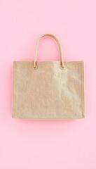 Simple flat lay of woven tote bag with rope handles on a light pink backdrop creating a soft, minimalist aesthetic