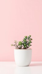 Small potted plant with delicate green foliage set against a solid light pink background creates a minimalist aesthetic