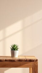 Minimalistic Desk Decor A Small Potted Succulent on a Simple Wooden Table with a Warm, Neutral Background