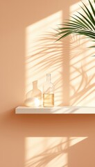 Minimalist composition of bottle and oval object on shelf, bathed in sunlight with palm frond shadow on peach wall
