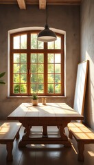Sun Drenched Room with Rustic Wooden Table, Benches, and Large Window Overlooking a Lush Green Landscape