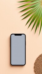 Smartphone Display with Tropical Palm Frond and Natural Woven Coaster on a Light Peach Background