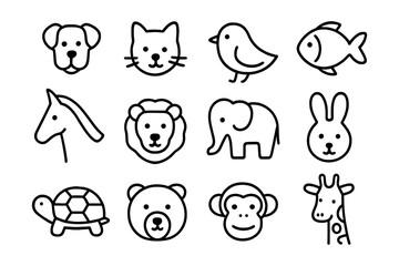 Outline animal faces: cute line art collection of diverse wildlife