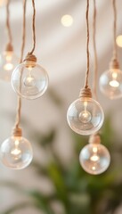 Hanging light bulbs with clear glass globes and rope accents create a warm and inviting ambiance with a rustic and cozy feel