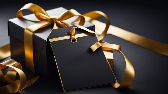 Black Gift Box with Gold Ribbon and Tag