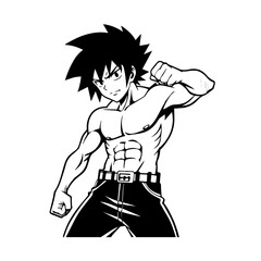 Black and white hot anime character line art illustration, stylish minimal outline drawing in clean style