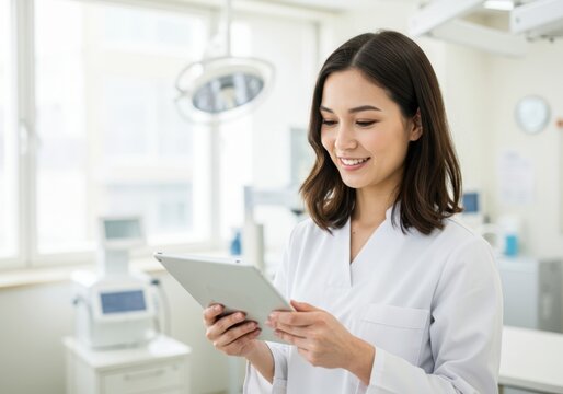 Smiling asian female dentist in white coat using tablet computer in modern dental clinic examination room