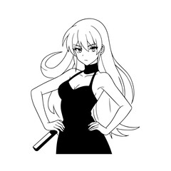 Black and white hot anime character line art illustration, stylish minimal outline drawing in clean style