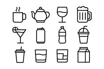 Minimalist beverage icons set featuring coffee, tea, wine, and soft drinks in linear style
