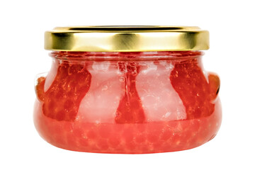 Red caviar in the glass jar isolated on a white background