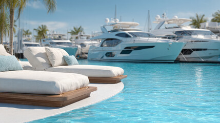 Sunbed by pool with luxury yachts and palm trees