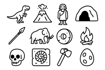 Prehistoric elements: caveman, dinosaurs, and tools in bold linear style