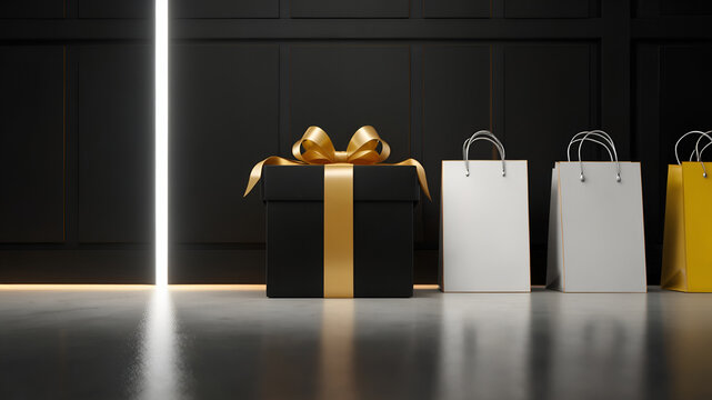 Black Gift Box with Gold Ribbon and Shopping Bags