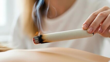 A closeup shot shows a persons hand holding a burning moxa stick near a persons back, with smoke rising
