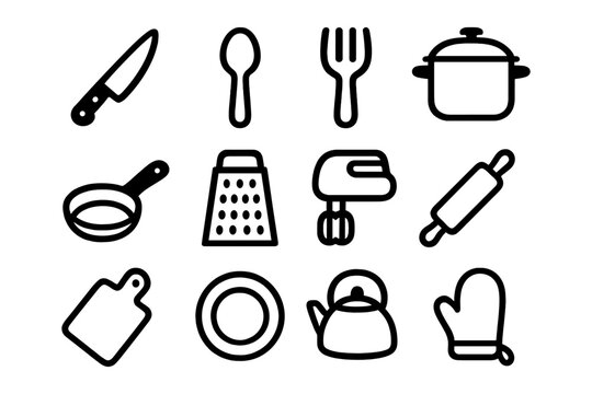 Essential kitchen tools icon set in bold line art style