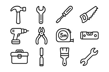 Black outline tools icons set featuring hammer, wrench, screwdriver, saw, and drill for diy projects