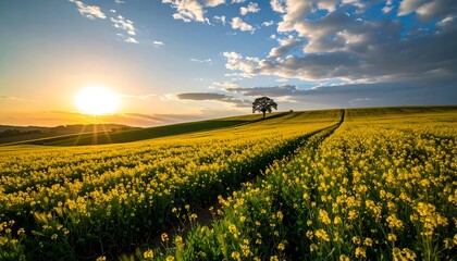 Sunsets over a vibrant yellow field