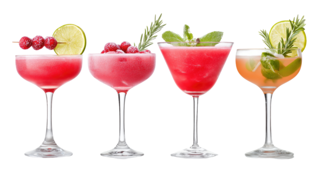 Assorted colorful frozen and iced beverages in elegant glasses with garnishes of citrus, berries, and herbs on transparent background