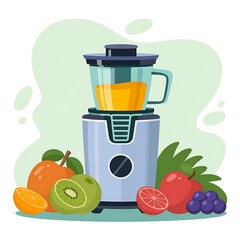 A blender filled with orange juice surrounded by fresh fruits and vegetables