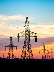 High voltage electricity towers in the morning on a blue sky background, California