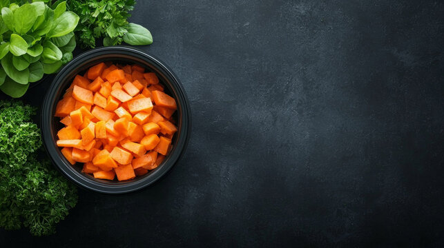Freshly chopped carrots in black bowl surrounded by leafy greens on dark textured background, promoting food waste reduction and composting for sustainable management