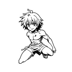 Black and white hot anime character line art illustration, stylish minimal outline drawing in clean style