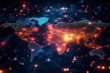 A vibrant depiction of a glowing digital world map with intricate network connections symbolizing global communication and connectivity. technology, innovation, and digital themes