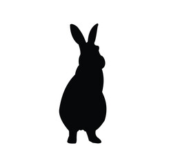 A black silhouette of a rabbit lying down against a white background.
