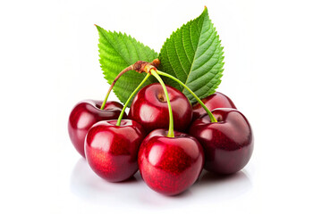 Four glossy red cherries with green leaves on a white background.