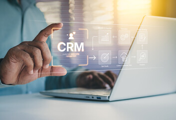 CRM workflow, Customer relationship management, business professional using tablet manage digital strategy, diagram showing goals, data collection, analysis, strategy, execution, and improvement