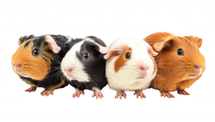 Four adorable guinea pigs of varying colors and patterns are lined up side by side against a clean white background. their unique features and playful expressions. ideal for pet-related content
