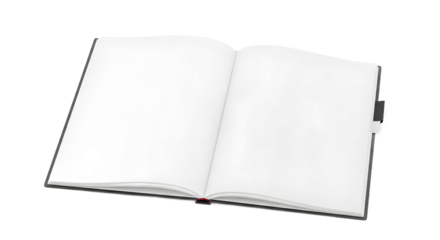 A simple, open notebook with pristine, empty white pages and a black cover, isolated on a clean white background for copy space