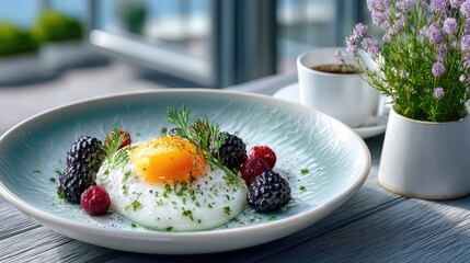 Sunny Side Up Egg with Berries on Elegant Plate Featuring Cup of Coffee and Flowers in Soft Focus and Bright Daylight