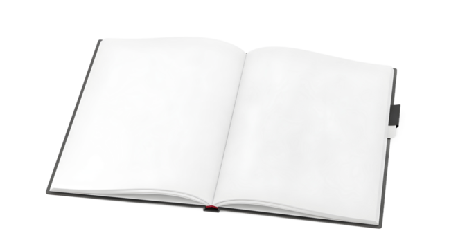 A simple, open notebook with pristine, empty white pages and a black cover, isolated on a clean white background for copy space