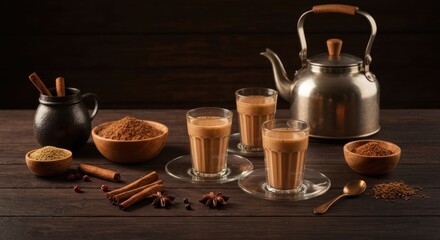 Masala chai, spices, and tea set on a dark wooden table